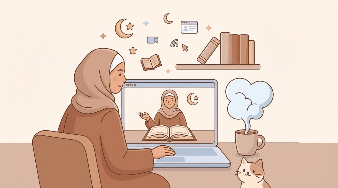 سيدة تتعلم القرآن في جلسة عبر الإنترنت
